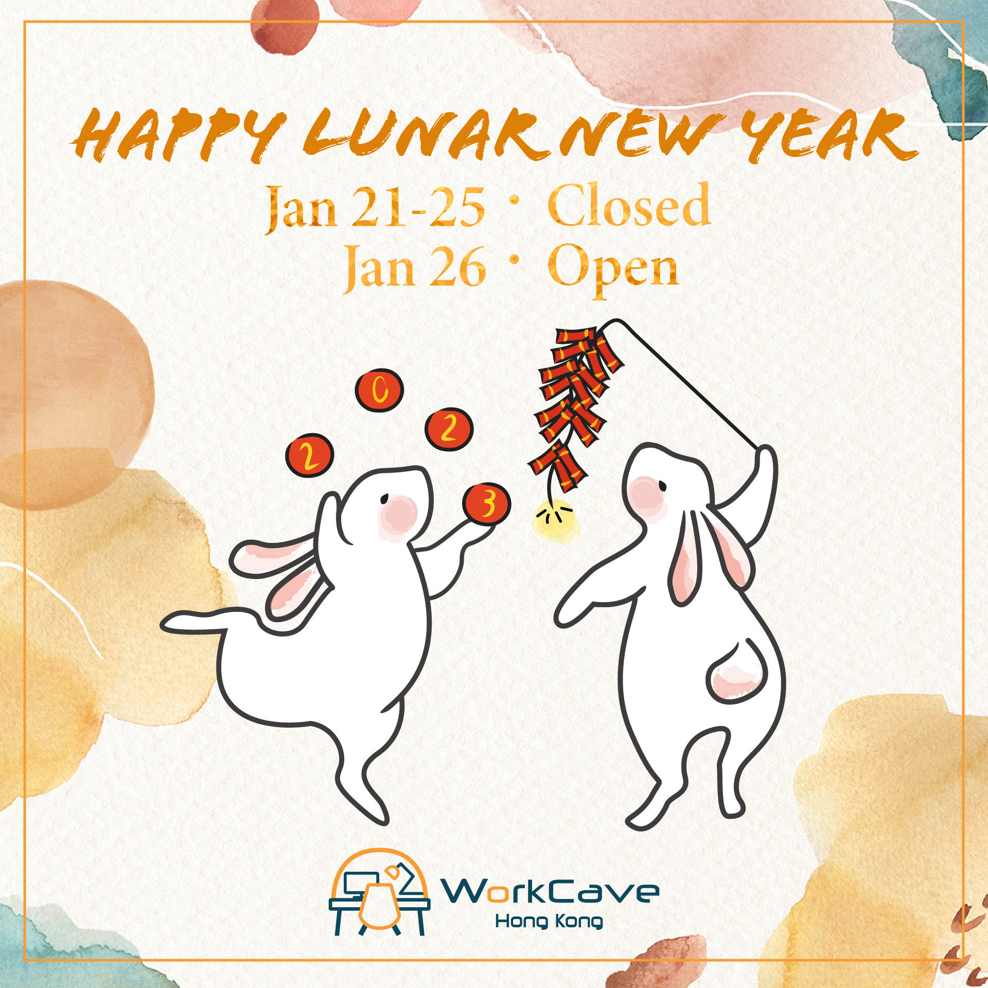 Holiday special service hours announcement, decorated with rabbits juggling balls and holding firecrackers to celebrate Lunar New Year