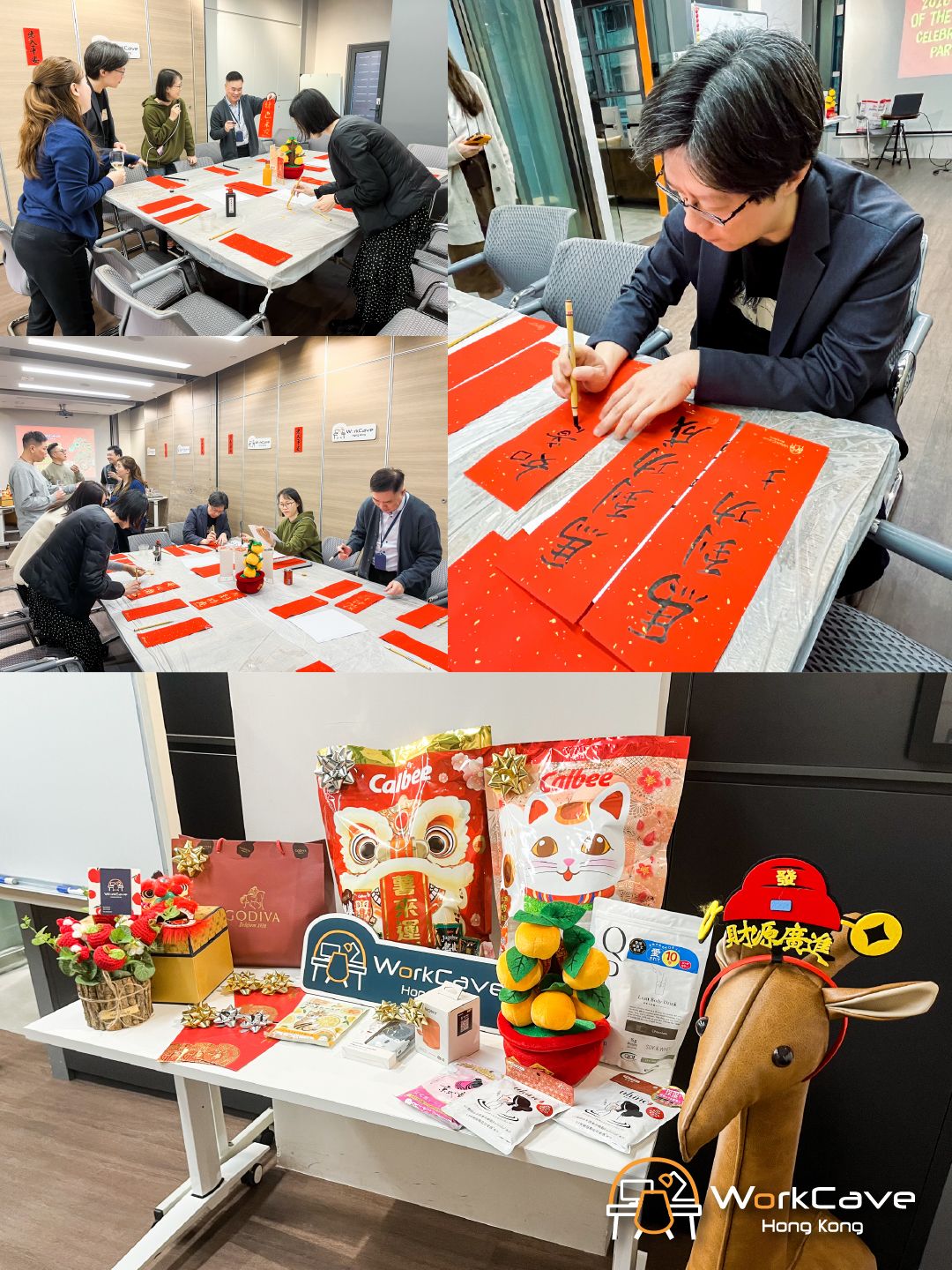 WorkCave Hong Kong Lunar New Year celebration featuring Chinese calligraphy on red paper couplets and lucky draw with prizes like chips, chocolates, coupons in red envelopes etc.