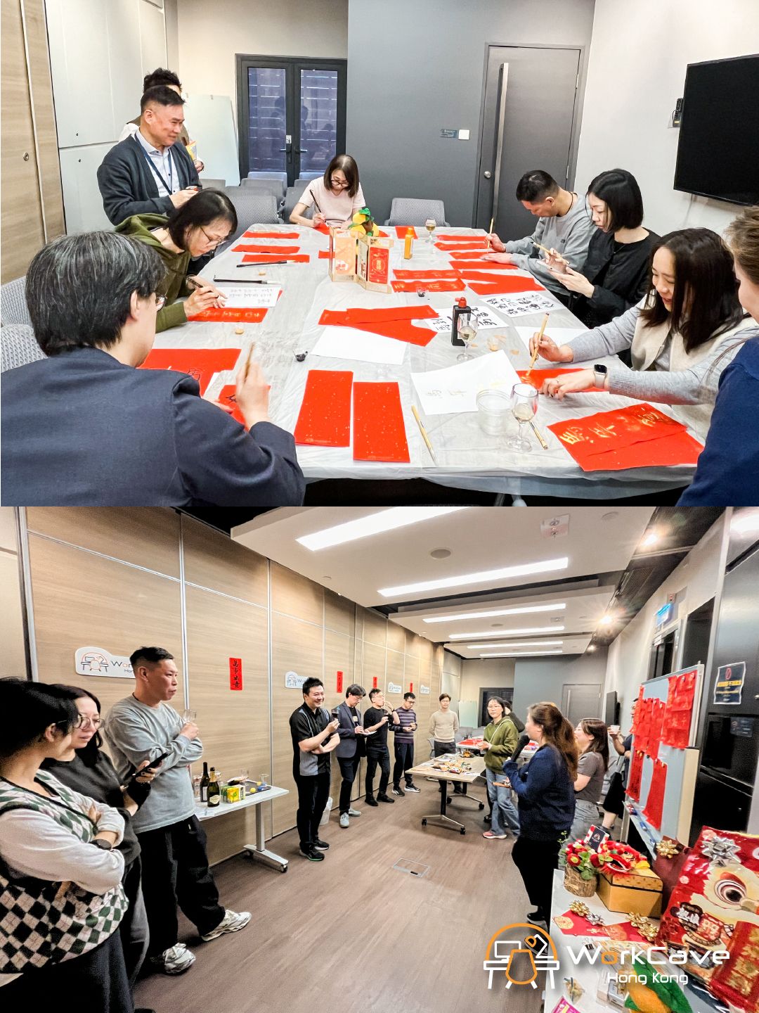 WorkCave Hong Kong Lunar New Year event with Chinese calligraphy, festive decorations, food, and cultural activities