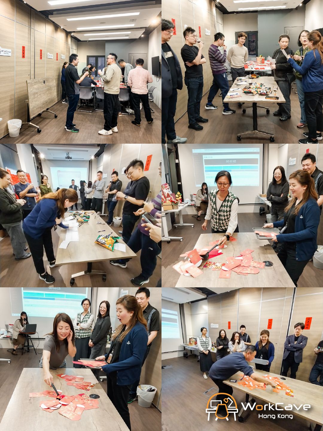 WorkCave 香港農曆新年慶祝活動，客人參與室內互動遊戲與工作坊，桌上擺放紅包、零食與紙張，投影幕顯示計時器與簡報，氛圍充滿合作與節慶氣息